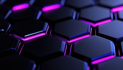 Fototapeta premium Futuristic hexagonal pattern with glowing purple accents on a black surface.