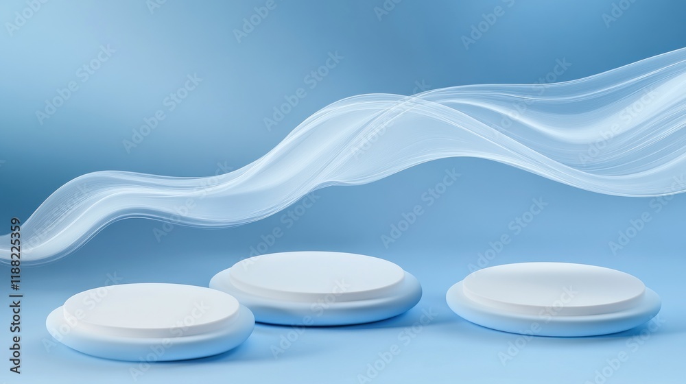 Poster abstract blue background with three white platforms and flowing wave