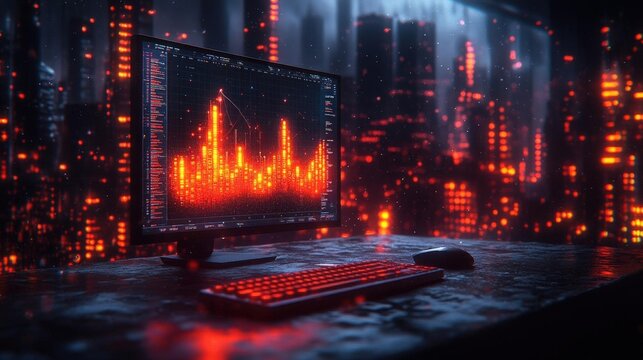 Cyberpunk Cityscape at Night: Rain-Streaked Window with Glowing Computer Screen Displaying Data Streams