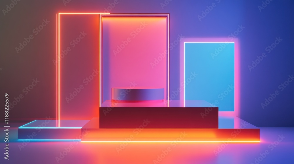 Poster abstract neon light display with geometric platforms