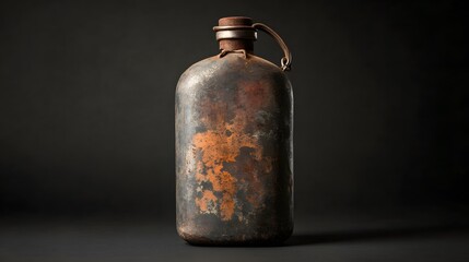 Vintage Weathered Metal Bottle with Rusty Surface and Leather Strap