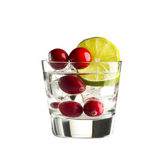 Extreme front view of a perfect looking Vodka with Cranberry and Lime drink isolated on a white transparent background
