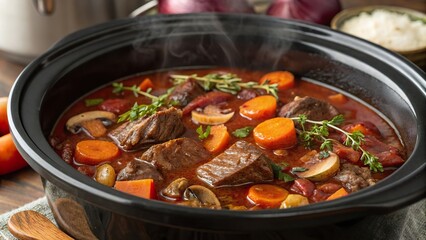 Slow cooking tender beef bourguignon with fresh vegetables and herbs for a delicious meal