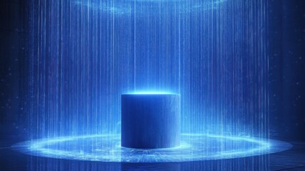 Blue illuminated cylindrical platform under digital rain