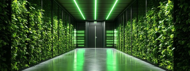 Green wall corridor with server racks and neon lights.