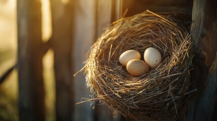 Morning light on a nest of eggs rustic warmth and depth