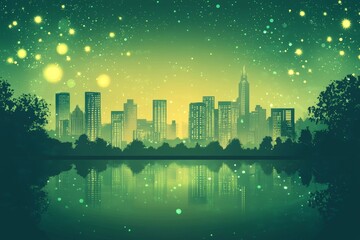 Night city skyline reflected in calm water under a starry, green sky.