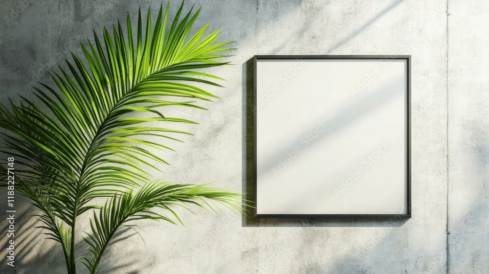 Poster blank frame and palm leaf on concrete wall