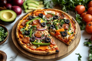A delicious pizza topped with pepperoni, vegetables, and olives, served on a wooden board.