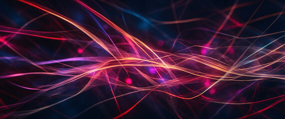 Vibrant and abstract representation of colorful light trails or waves, with hues of pink, purple, orange, and blue intertwining against a dark background