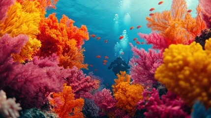 Naklejka premium Vibrant Underwater Scene with Colorful Coral and Divers Exploring