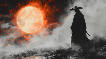 Lone warrior in misty landscape under fiery moon.