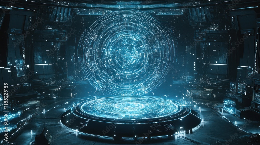 Poster futuristic sci fi circular platform interface room
