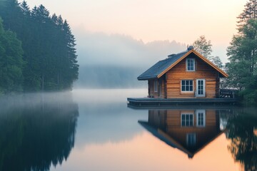 Fototapeta premium Small house on a calm lake surrounded by forest