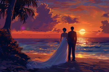 Fototapeta premium Époux, mari et femme, sur le bord d'une plage tropicale au coucher du soleil, ambiance romantique et paisible avec reflets sur l'océan et ciel coloré, scène de mariage idyllique