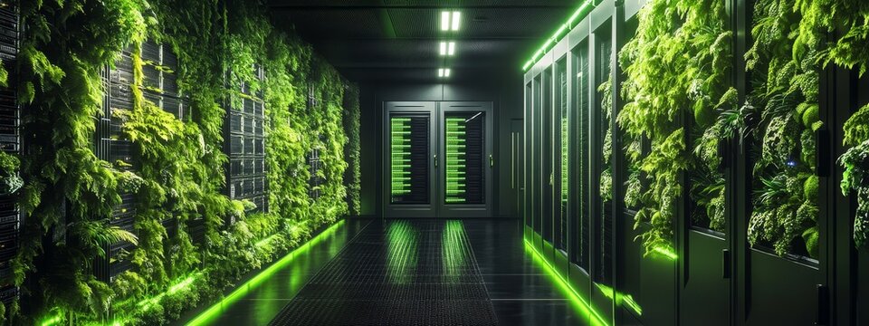 Green server room corridor with plants and glowing lines.