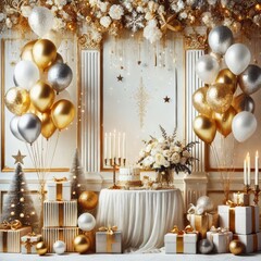Festive and elegant layout with a collection of gold, silver, and white balloons clustered at the top	
