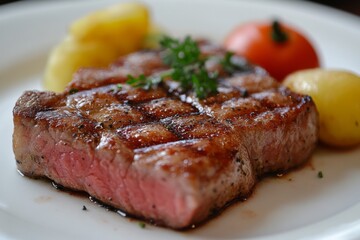 Grilled steak with potatoes and garnish served on a white plate