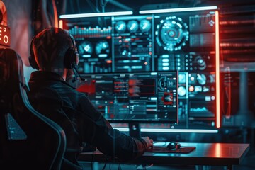 Man In Front Of Screens With Digital Information, Cyber Security, Cyber Protection, Data Hacking