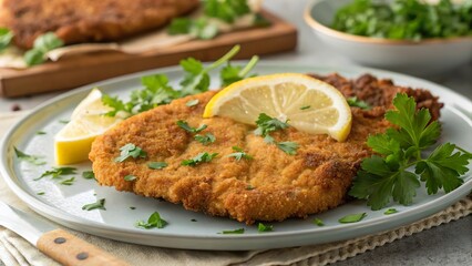 Crispy golden beef schnitzel served with lemon and fresh herbs on a plate