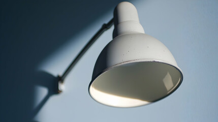 Vintage white wall lamp casting a shadow on a light blue wall
