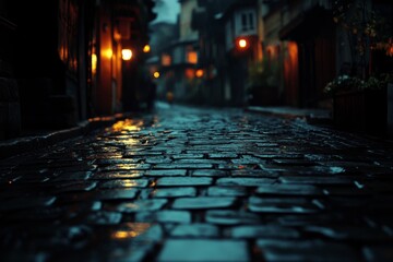 Fototapeta premium Dimly lit cobblestone street at night with glowing streetlights
