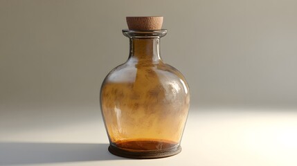 Elegant amber glass bottle with wooden lid on a light surface