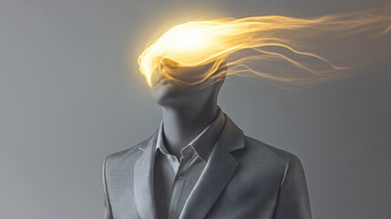 A creative concept of a figure with a golden glowing mist emerging from their head, wearing a sleek silver coat, pure white background enhances the radiant subject