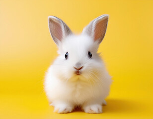 Obraz premium A fluffy white baby bunny sits against a bright yellow background. 