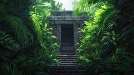 Ancient Temple Hidden Among Lush Jungle Foliage and Greenery