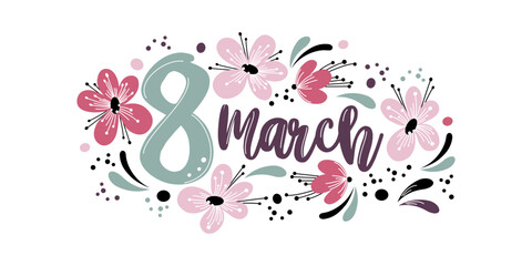 Obraz premium multi-colored inscription on March 8th with fancy abstract flowers in horizontal format. flat drawing in minimalist style, pastel colors. stock vector illustration. EPS 10.