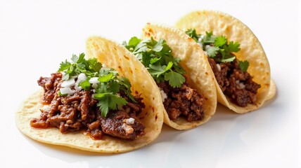 Juicy birria tacos served with consom&eacute; sauce on a clean white surface and background. Perfect for Mexican food promotions or editorial food features.