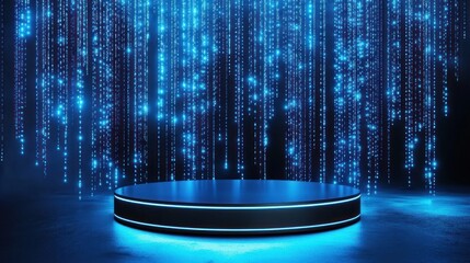 Futuristic Blue Platform with Digital Rain Background