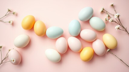 Pastel Easter Eggs and Daisies Scattered on Pink Background
