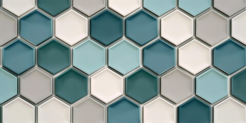 Naklejka premium A close-up view of hexagonal tiles in various shades of blue and gray, showcasing a modern design.
