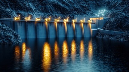 Fototapeta premium Nightfall at the Hydroelectric Dam: A Majestic Display of Power and Serenity