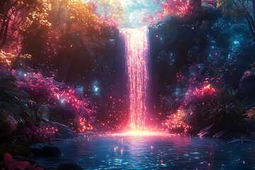 A magical scene where a whimsical, glowing waterfall cascades into a sparkling river surrounded by colorful, bioluminescent plants, evoking a dreamy and joyful atmosphere