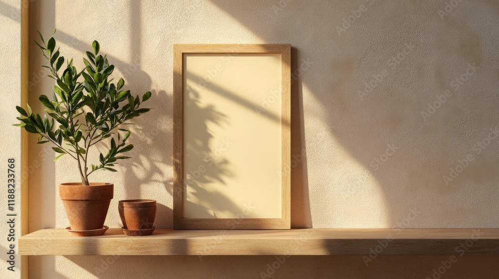 Poster wooden shelf displaying plants and a blank frame