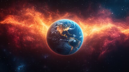 Naklejka premium Earth's fiery cosmic dance, a breathtaking view of our planet amidst a vibrant nebula. Witness the stunning contrast of blue and red, a cosmic ballet of celestial bodies.