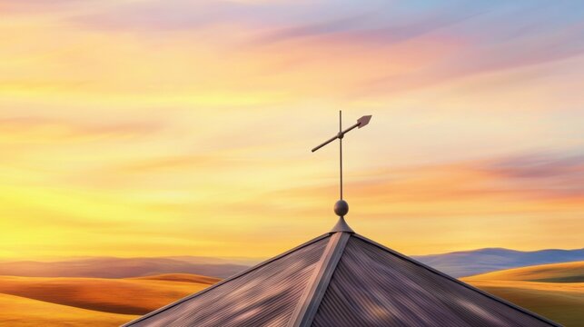a rustic metal weather vane spinning gently atop a barn roof, with rolling hills 