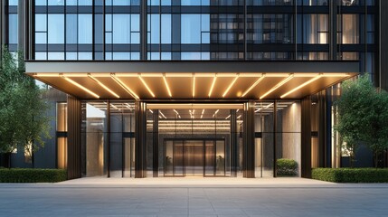Modern Building Entrance With Illuminated Canopy and Landscaping