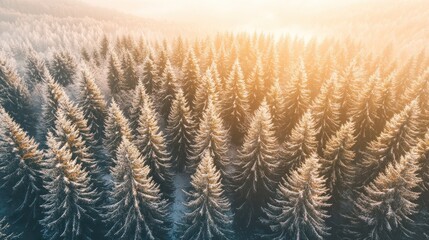 Aerial View of a Snow-Covered Coniferous Forest Bathed in Golden Sunlight
