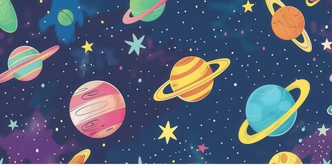 A colorful cosmic scene featuring planets, stars, and a dark space background.