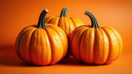 Fototapeta premium Three vibrant pumpkins arranged on a warm orange background, their smooth skin reflecting the autumnal light.