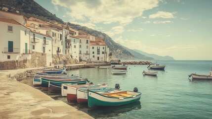 Naklejka premium Coastal Village Harbor Boats Docked Beside White Buildings