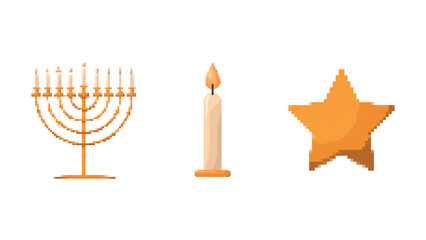 Pixel set of candle, star and candlestick.Design elements isolated on white background.Game development, mobile app.8-bit sprite.