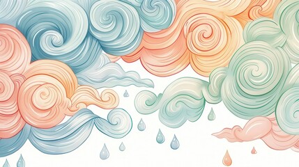 A colorful illustration of swirling clouds with raindrops, evoking a whimsical atmosphere.