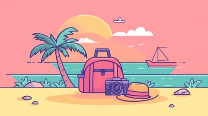 Beach sunset backpack camera hat travel vacation