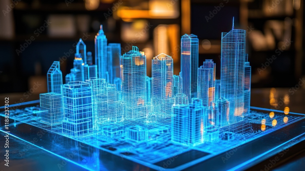 Poster illuminated cityscape model wireframe design