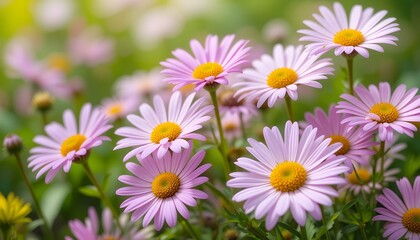 Obraz premium Close-up of pink daisies in a garden with a blurred green background.